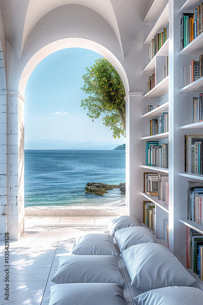 Fototapeta premium Modern Minimalist Chic Greek Luxury Bibliotheque with Sea Views