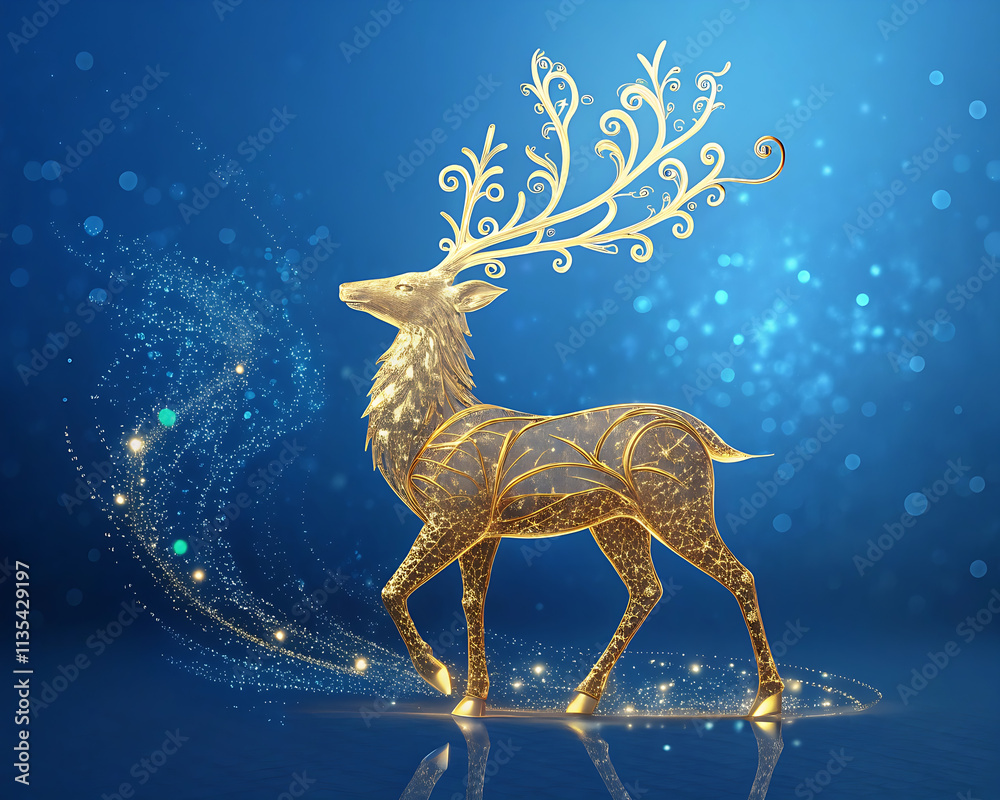 Christmas - Magic Golden Deer In Shiny Blue Background Christmas - Magic Golden Deer In Shiny Blue Background