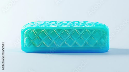 A vibrant turquoise-tinted loaf of bread with metallic accents and surreal geometric patterns embossed on the surface, resting on a plain white backdrop. The surface reflects light subtly, emphasizing photo