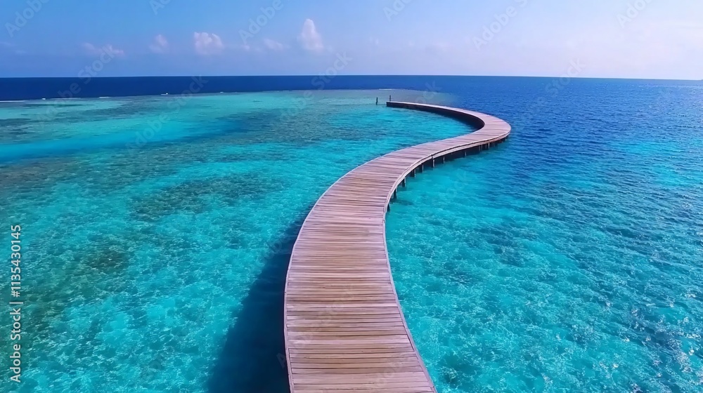 Fototapeta premium Serene wooden boardwalk curving over turquoise ocean.