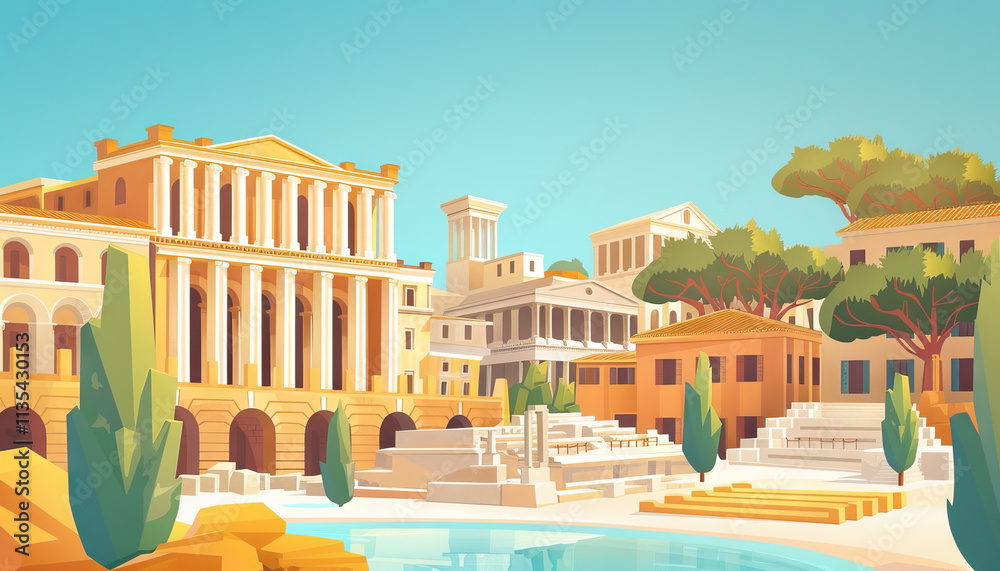 Illustration of Classical Architecture City Square Illustration of Classical Architecture City Square