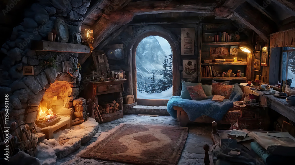 Fototapeta premium cozy winter cabin interior with stone fireplace, warm lighting, and view of snowy mountains. Perfect for relaxation and comfort