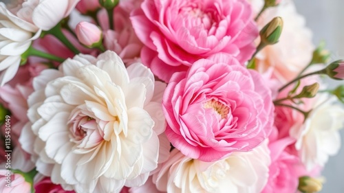 Pink and white ranunculus flowers in full bloom arranged in a vase on a wooden table, bouquet, white ranunculus, delicate