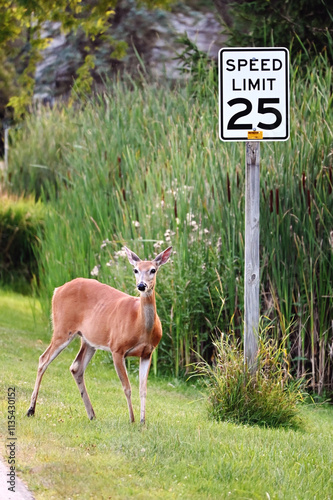 Deer by Speed Limit Sign
