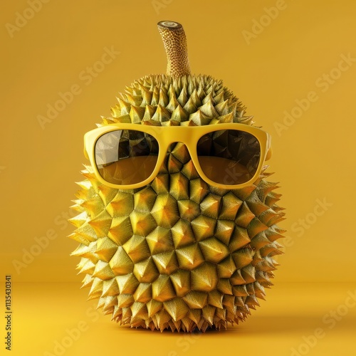 Unique and striking image of a whole durian fruit wearing sunglasses against a vibrant yellow background  The tropical fruit s distinctive spiky shell is the focal point photo