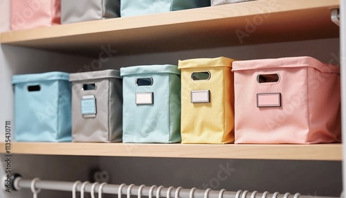 Colorful storage bins with sleek labels on a closet shelf featuring matching fabric covers  photo