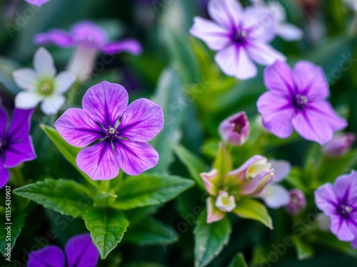 Vibrant purple flower petals and leaves creating a colorful natural display, close-up, blooming, vibrant