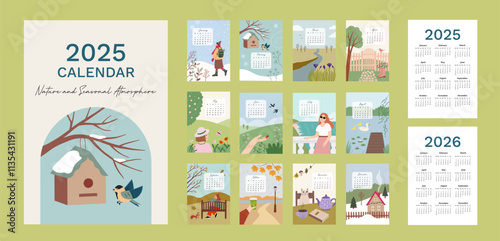 Calendar 2025 with hand drawn illistrations inspired by nature and seasons. Week start fron Monday. Set of 12 months, cover and one sheet of the 2026 year. Template for A4 A3 A5 size