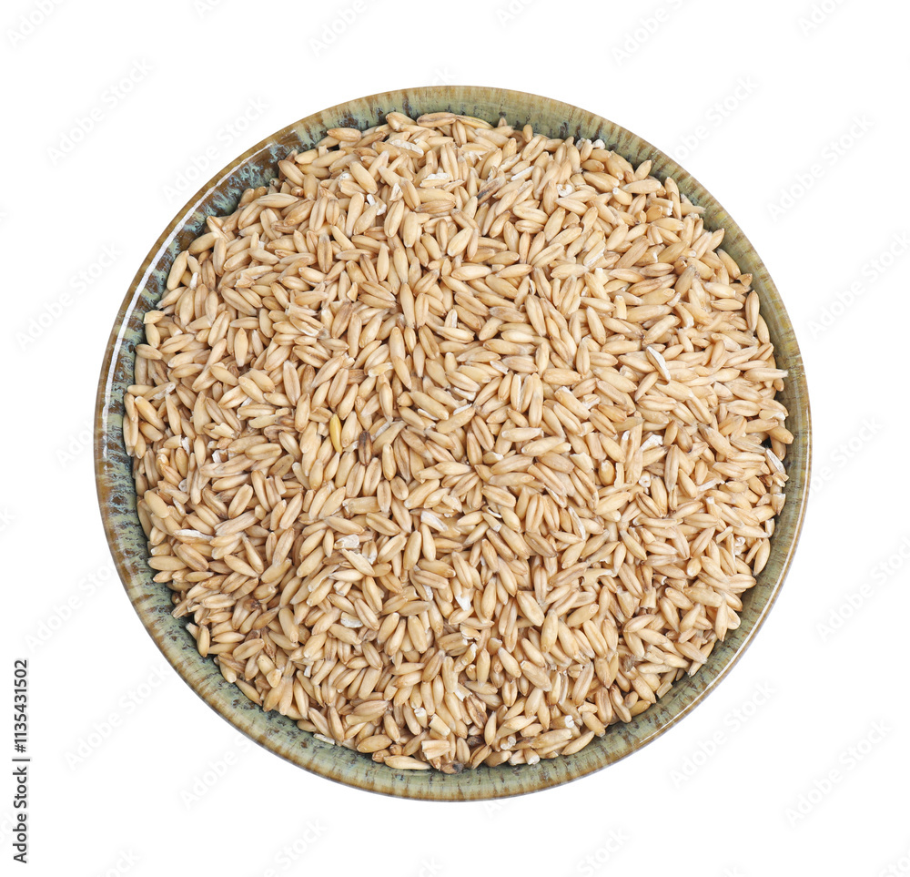 Oat grains in bowl isolated on white, top view Oat grains in bowl isolated on white, top view