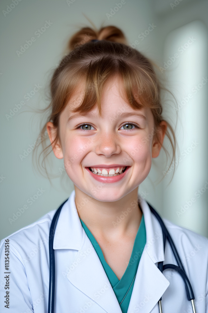 A cheerful young girl in a white doctor's coat with a stethoscope around her neck smiles confidently in a bright, professional environment - Generative AI A cheerful young girl in a white doctor's coat with a stethoscope around her neck smiles confidently in a bright, professional environment - Generative AI