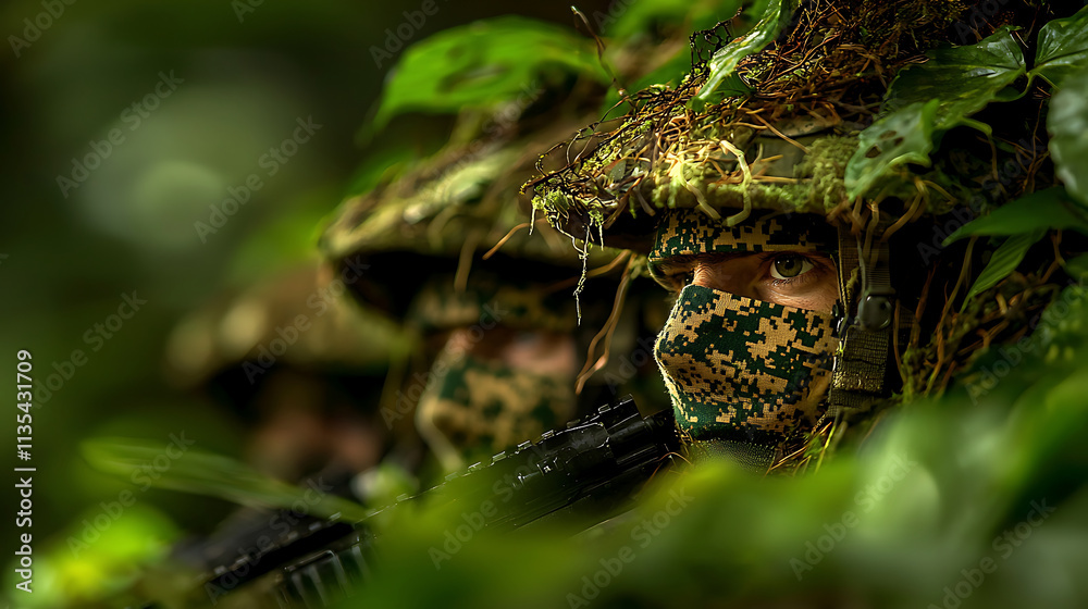 Obraz premium Dramatic image of soldiers camouflaged in dense foliage, showcasing stealth and focus