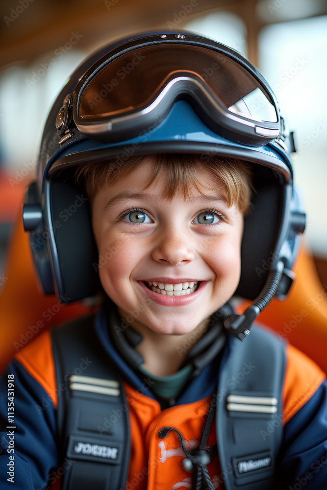 A cheerful young boy dressed in bright racing apparel wears a helmet and headset, expressing his joy and anticipation for a fun experience - Generative AI A cheerful young boy dressed in bright racing apparel wears a helmet and headset, expressing his joy and anticipation for a fun experience - Generative AI