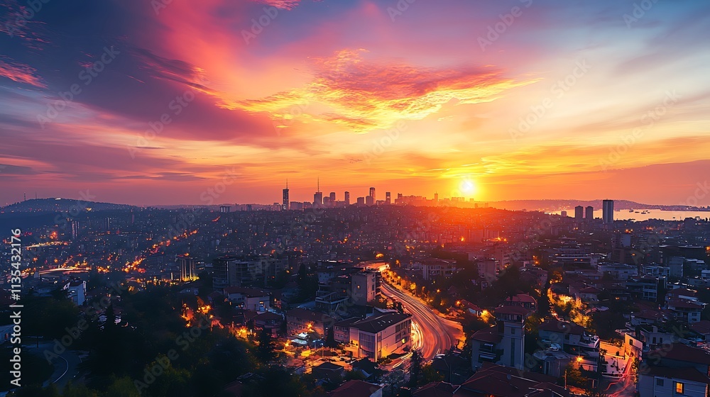 Obraz premium Sunrise over Istanbul Cityscape. Urban sunrise, city lights, colorful sky.
