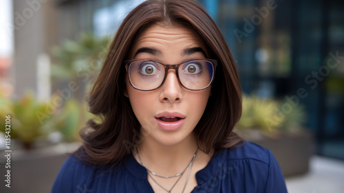Surprised Hispanic young woman with glasses outdoors, capturing a moment of shock and curiosity against a modern urban backdrop.