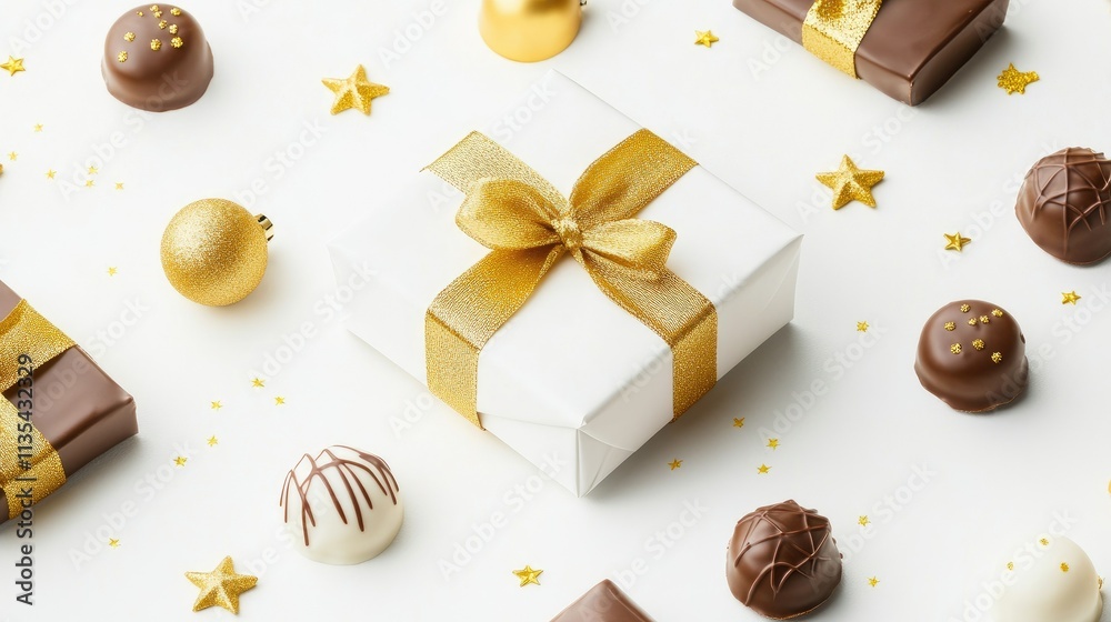 Chrismas ballstmas composition gift box chocolate candies Christmas tree branch and Christ Chrismas ballstmas composition gift box chocolate candies Christmas tree branch and Christ