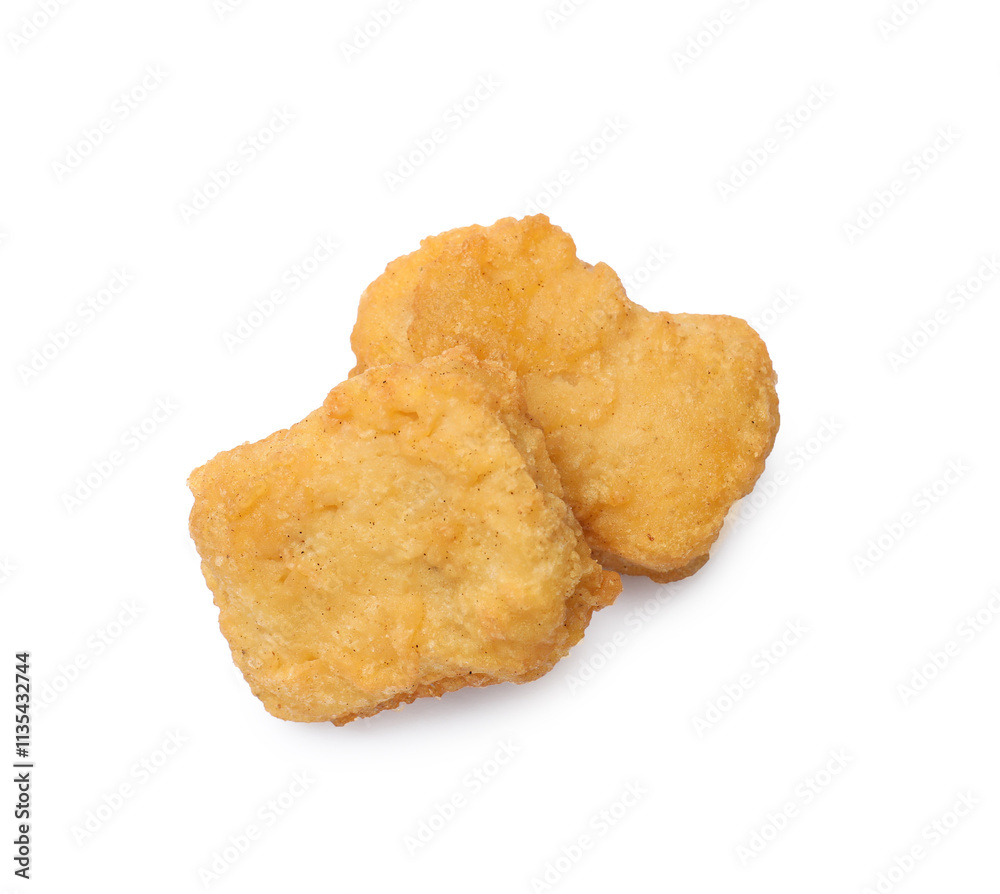 Delicious chicken nuggets isolated on white, top view