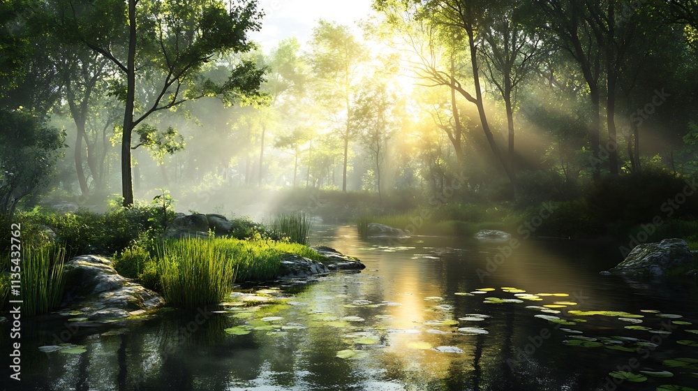 Sunrise in a Misty Forest. Concept of tranquility, nature, and serenity. Sunrise in a Misty Forest. Concept of tranquility, nature, and serenity.