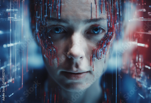 Deepfake A digital face with red and blue lines representing artificial intelligence and deepfake te