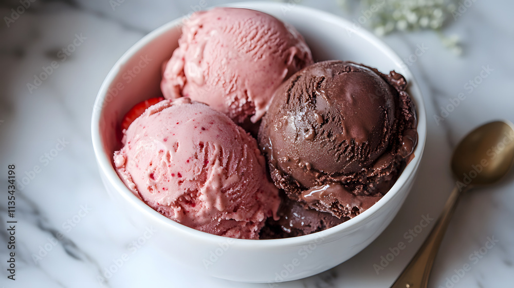 Ice cream in chocolate, vanilla, and strawberry flavors. Ice cream in chocolate, vanilla, and strawberry flavors.