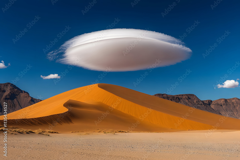 Surreal Desert Landscape with Lenticular Cloud Above a Majestic Sand Dune under Clear Blue Sky Surreal Desert Landscape with Lenticular Cloud Above a Majestic Sand Dune under Clear Blue Sky