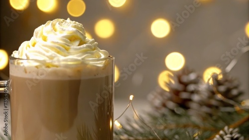 Festive hot chocolate with whipped cream and holiday lights