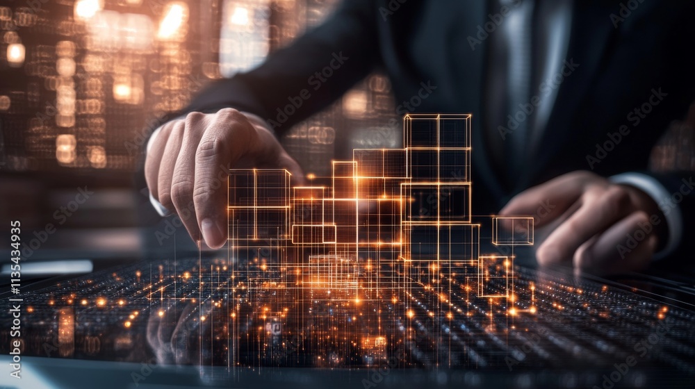 Businessman assembling blocks in digital space illustrating growth and development in technology Businessman assembling blocks in digital space illustrating growth and development in technology