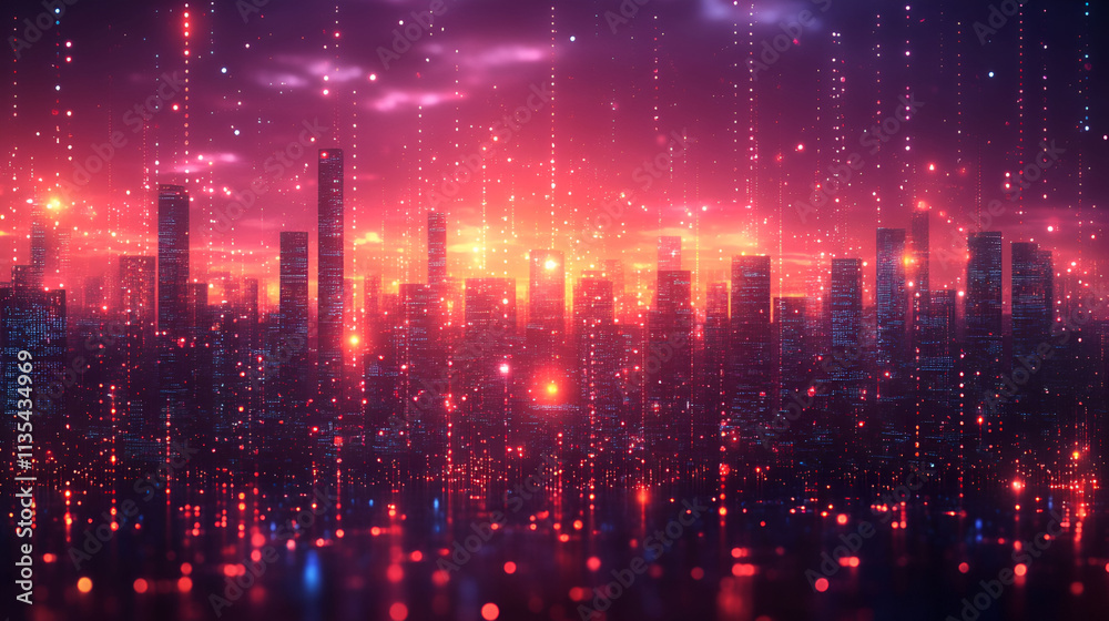 Futuristic Cityscape Illuminated With Vivid Red Lights At Night Futuristic Cityscape Illuminated With Vivid Red Lights At Night