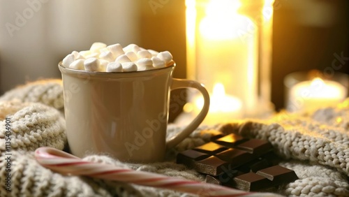Cozy hot chocolate with marshmallows and candles in warm knit setting