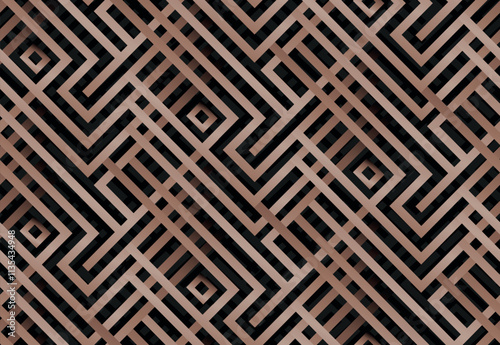 Seamless mocha mousse color geometric artistic maze vector pattern on black background