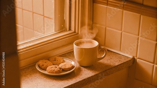 Cozy morning scene with hot coffee and cookies by a sunny kitchen window