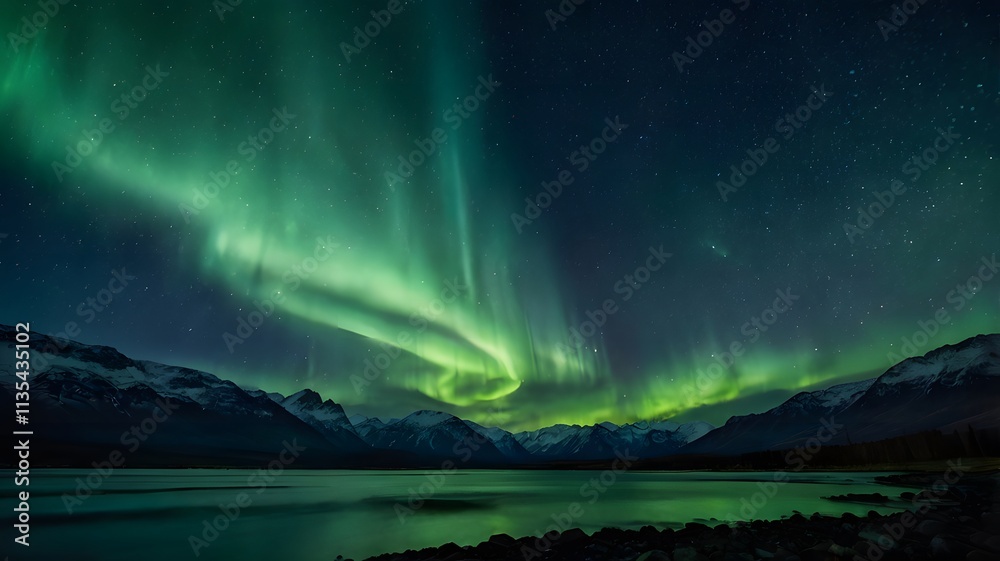 A dramatic image of auroras in green hue dancing across a sky full of stars, with dark mountains providing a striking contrast in the foreground. A dramatic image of auroras in green hue dancing across a sky full of stars, with dark mountains providing a striking contrast in the foreground.