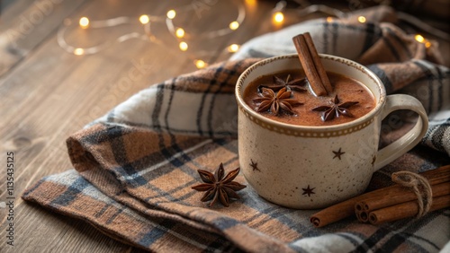Cozy winter mug of spiced hot chocolate with cinnamon and star anise on plaid blanket