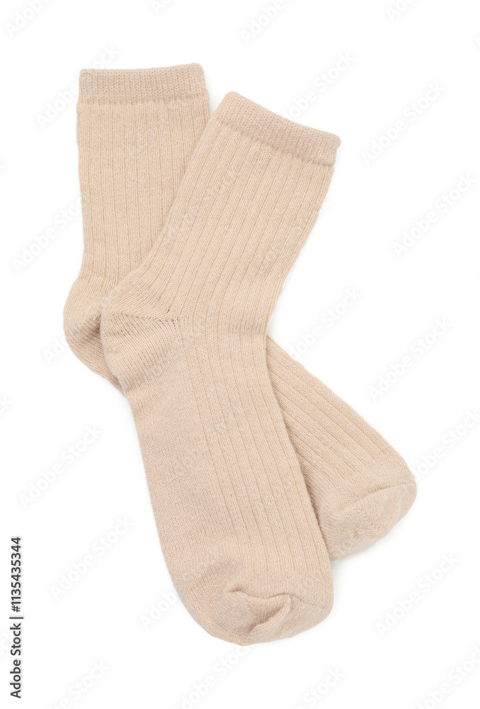 Pair of soft socks isolated on white, top view Pair of soft socks isolated on white, top view