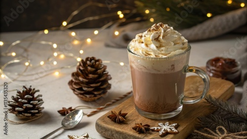Festive hot chocolate with whipped cream and holiday decorations