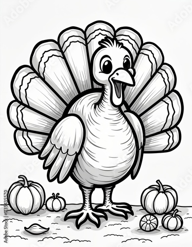 Cute cartoon turkey coloring page for kids. Thanksgiving theme. Happy bird with big tail feathers. Pumpkins and leaves around. Perfect for children art and learning. photo