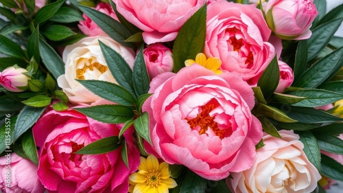 Fototapeta Naklejka Na Ścianę i Meble -  A beautiful arrangement of fresh pink peonies and roses with ample copy space, leaves, natural, vibrant