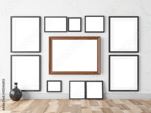 A realistic mockup of a gallery wall with various photo frames, perfect for showcasing artwork or family photos, customizable, frames, gallery wall