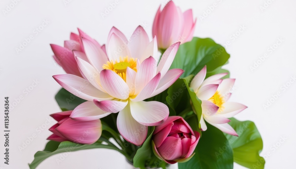 Naklejka premium Whispers of Serenity A Captivating Bouquet of Pink and White Lotus Flowers in Bloom Among Lush Green Leaves.