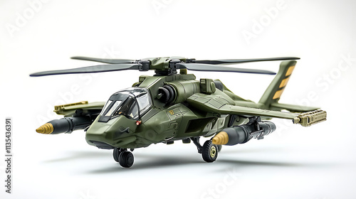 detailed toy helicopter gunship in green color with missile launchers, showcasing intricate design and features