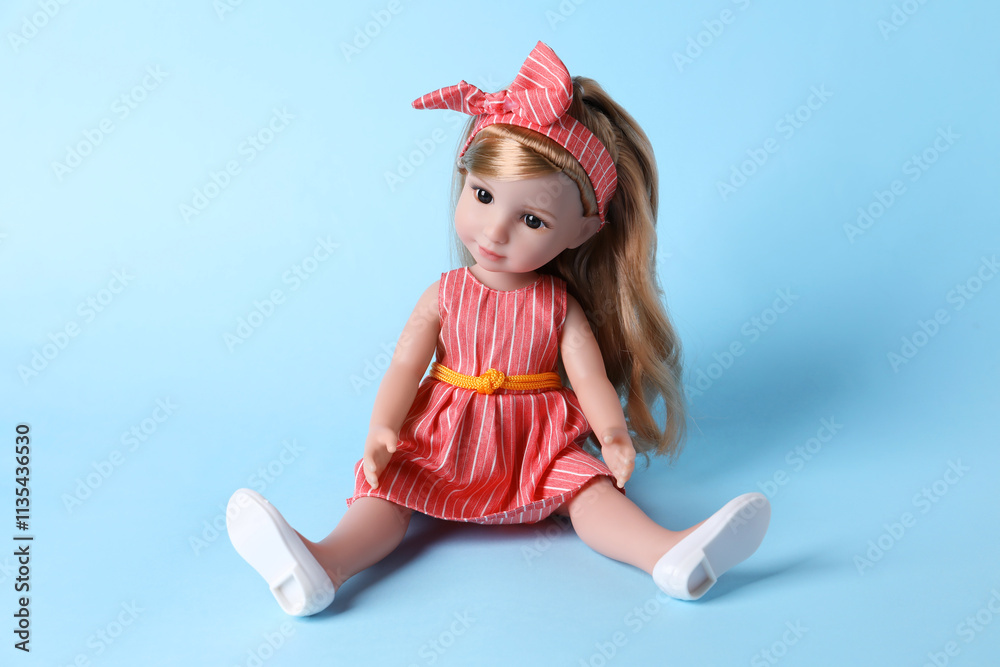 Beautiful doll in dress and headband on light blue background Beautiful doll in dress and headband on light blue background