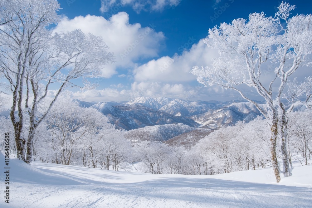 Obraz premium Breathtaking winter wonderland snow covered landscape with frosted trees and majestic mountains
