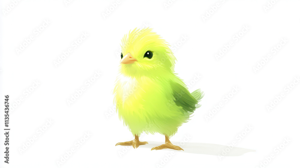 A vibrant cut-out illustration of a lime-green chick with a subtle gradient across its body, standing upright with a curious pose against a pristine white background. Hyper-realistic feather details, A vibrant cut-out illustration of a lime-green chick with a subtle gradient across its body, standing upright with a curious pose against a pristine white background. Hyper-realistic feather details,