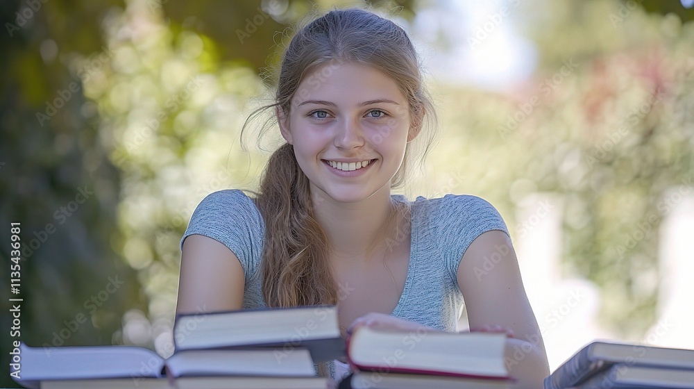 Naklejka premium Female College Student Smiling While Studying Outdoors with Books