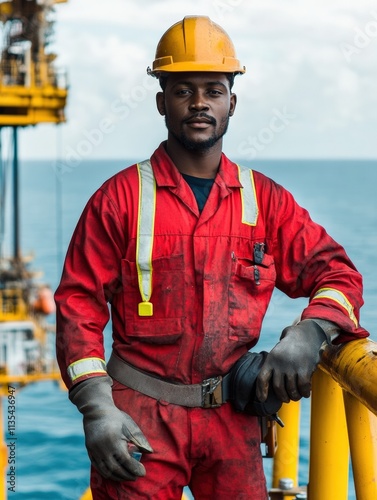 Offshore oil rig worker in red overalls and yellow helmet on platform with ocean backdrop