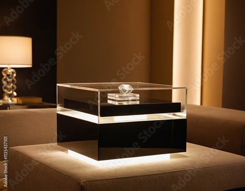 Modern black and clear display case featuring a diamond on a chic coffee table. photo