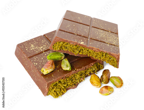 Photography Pieces of tasty Dubai chocolate with pistachios and knafeh isolated on white