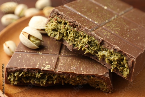 Photography Pieces of tasty Dubai chocolate bar with pistachios and knafeh on table, closeup