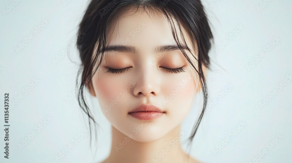 Young Beautiful Woman with Eyes Closed in Serene Portrait Setting Young Beautiful Woman with Eyes Closed in Serene Portrait Setting