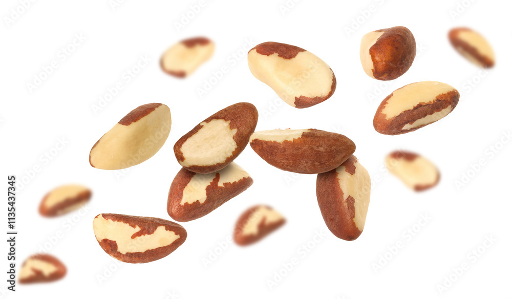 Many Brazil nuts in air on white background Many Brazil nuts in air on white background