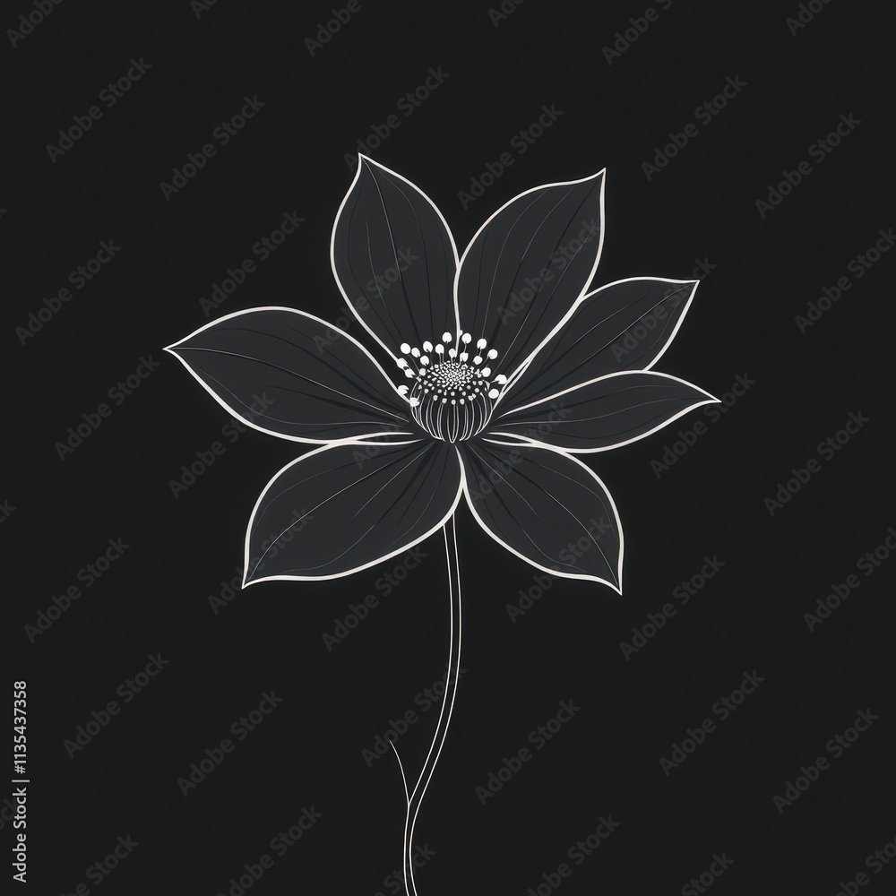 Obraz premium Whispers of Elegance A Stylized Flower Blooms in Ethereal Contrast, Petals Framing a Universe of Seed-Like Secrets Against a Mysterious Abyss.